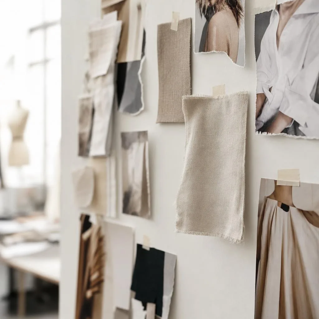 Studio moodboard corner — fabric swatches and torn references taped to white