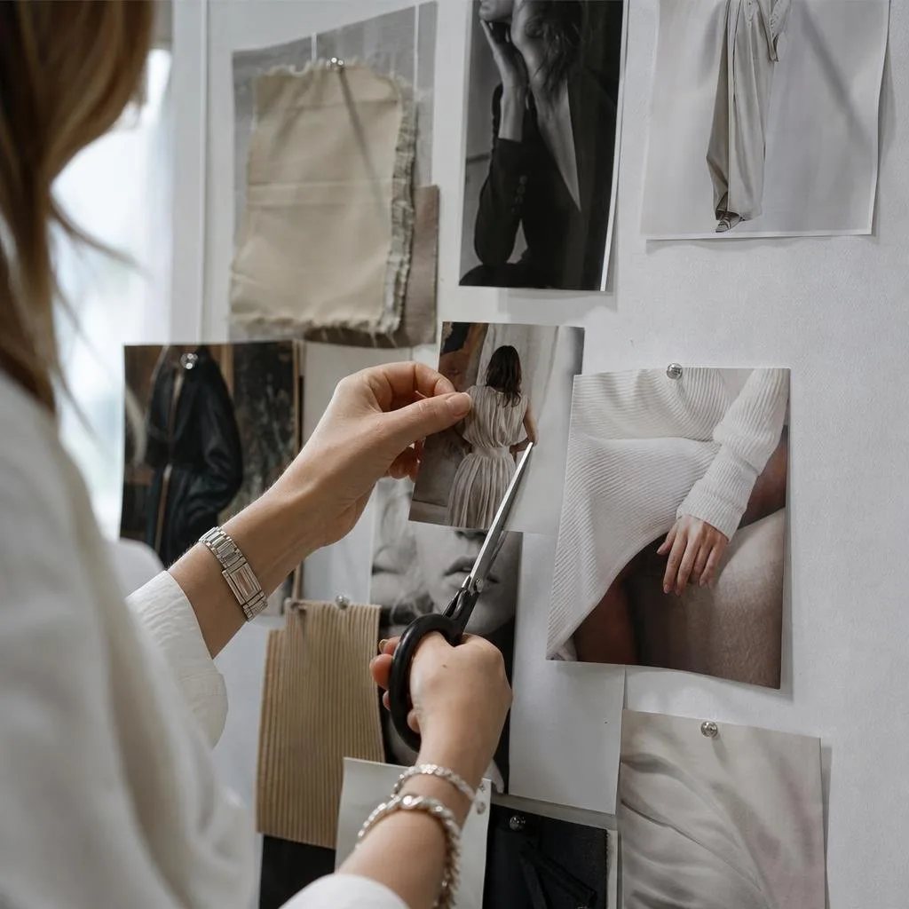 Tilted lookbook cutting — tailored campaign look taped over the collage